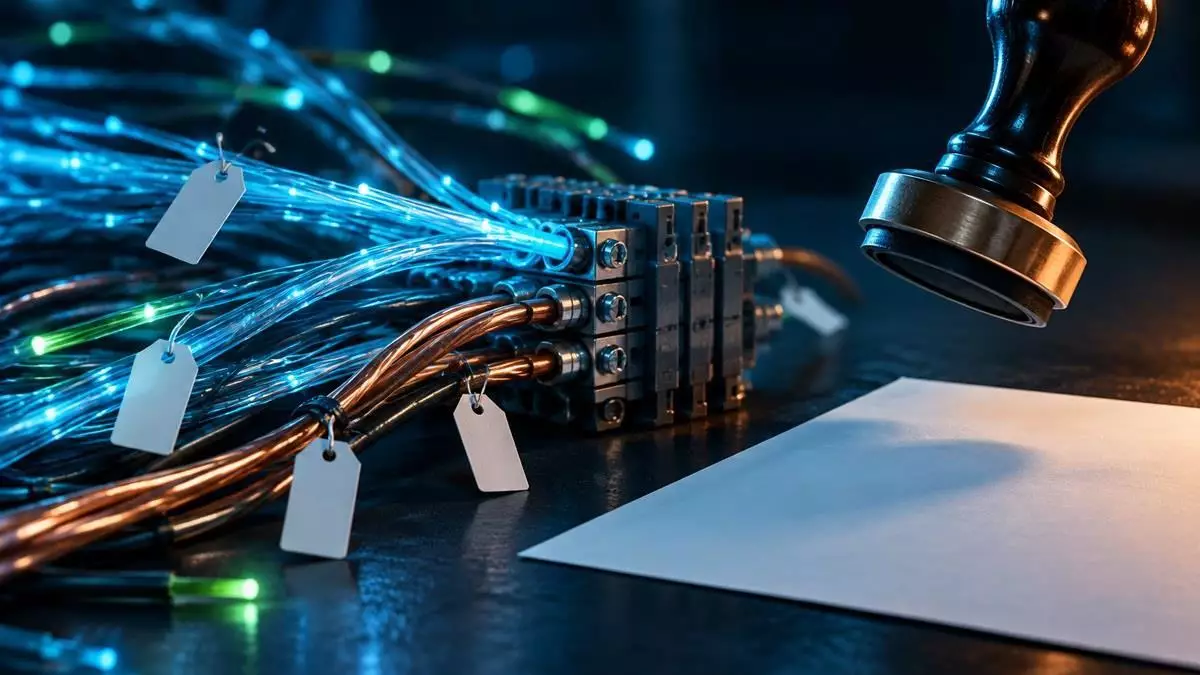 Cavi in fibra ottica e rame con cartellini del prezzo vuoti accanto a un timbro di approvazione sospeso