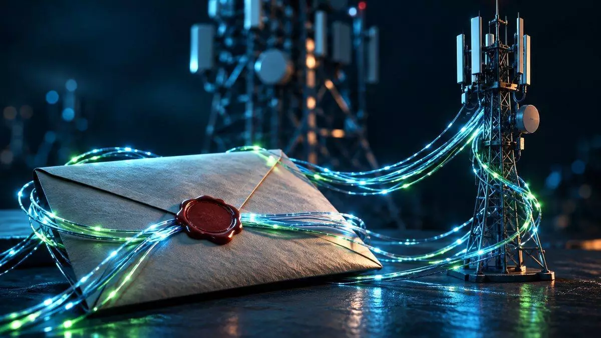 Busta sigillata avvolta da fili di luce che la collegano a una piccola antenna per telefonia mobile